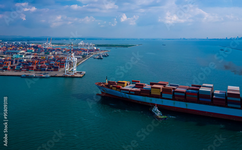 Aerial view of Business trip with ship the partner connection Container Cargo freight ship for Import Export photo