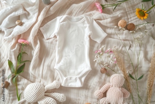 Newborn Baby White Onesie Mockup on Soft Fabric Background with Plush Toys and Flowers for Baby Product Design