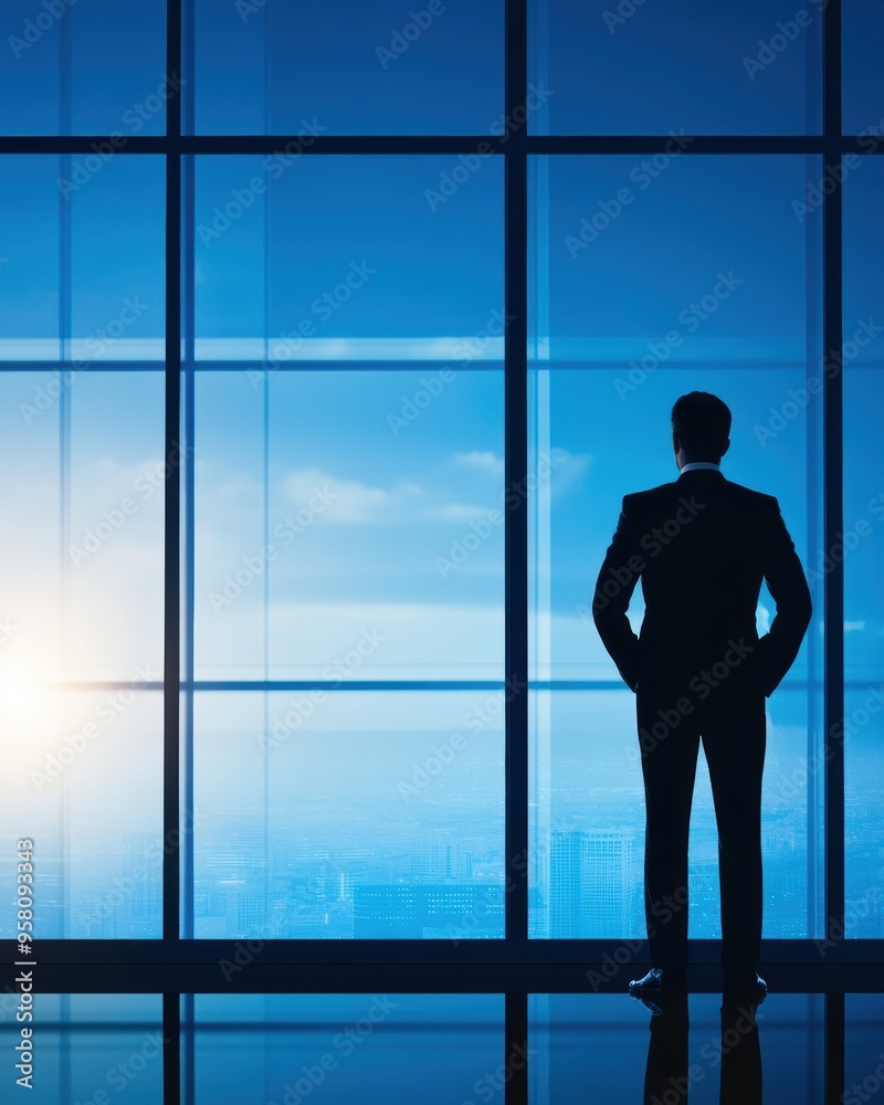 A businessman in a suit stands silhouetted against a modern office window, contemplating the city skyline at dawn. A businessman in a suit stands silhouetted against a modern office window, contemplating the city skyline at dawn.