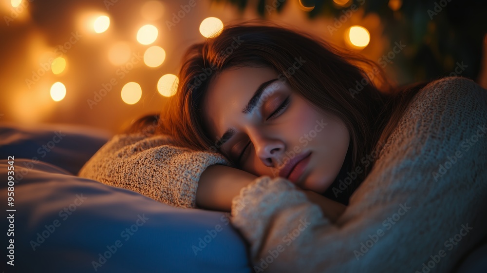 Young woman peacefully sleeping on soft bed surrounded by warm, glowing lights in a cozy indoor setting at night Young woman peacefully sleeping on soft bed surrounded by warm, glowing lights in a cozy indoor setting at night