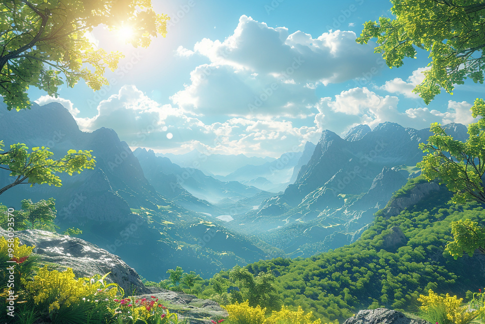 With a wide-angle view of a sunny day in summer, vibrant and positive ...