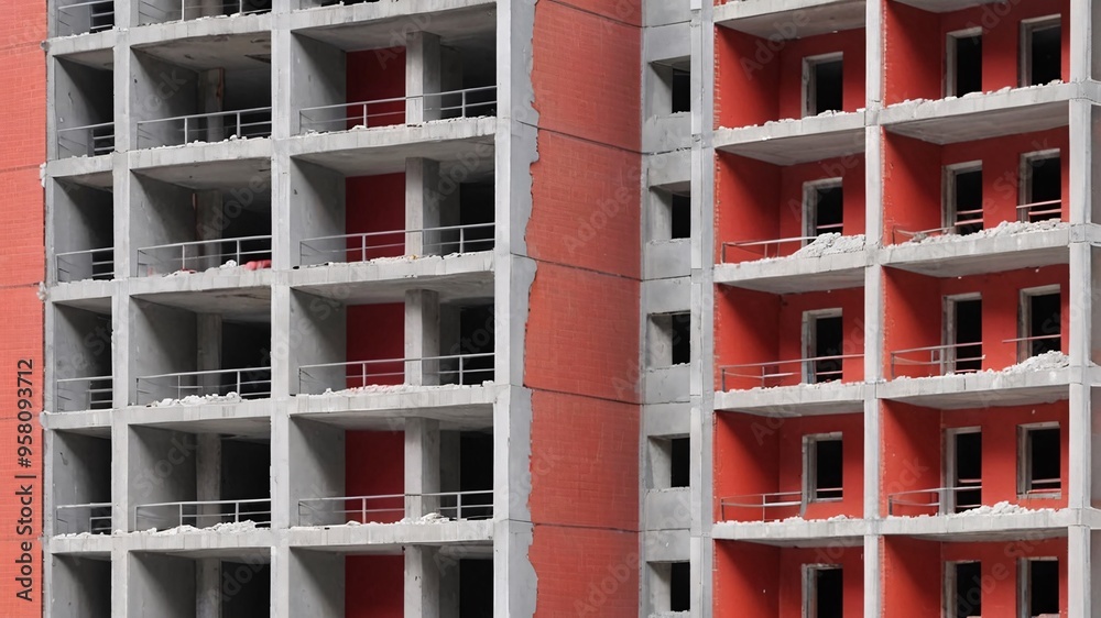 Close-up of an unfinished building with red brick walls and balconies. Close-up of an unfinished building with red brick walls and balconies.
