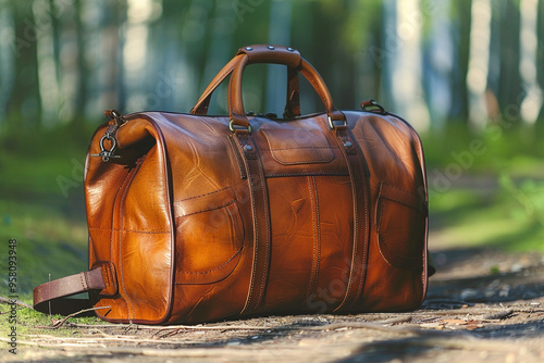 With a wide-angle view of a sunny summer morning, large classic brown leather travel bag exudes a sense of adventure and sophistication, evoking anticipation of a luxurious vacation filled with explor photo