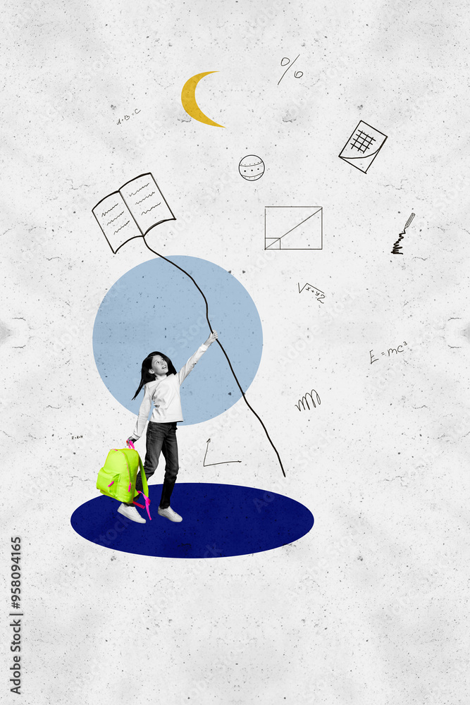 Obraz na plátně Vertical photo collage of happy schoolgirl hold string book balloon imitation ed