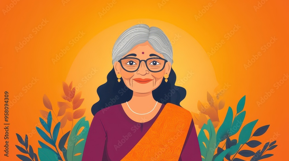 A cheerful portrait of an elderly woman in vibrant hues, showcasing traditional Indian beauty and charm through modern art. A cheerful portrait of an elderly woman in vibrant hues, showcasing traditional Indian beauty and charm through modern art.