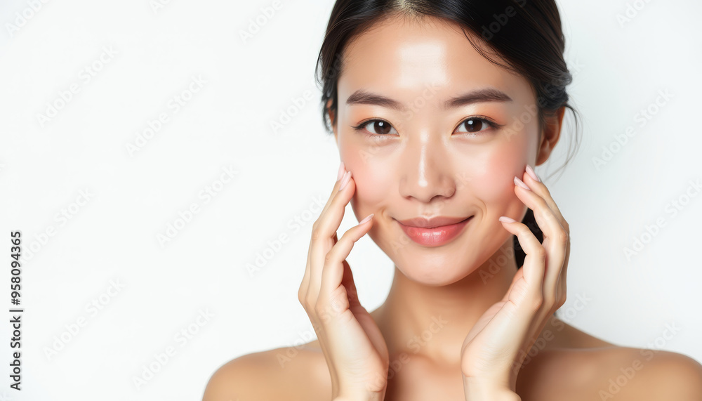 A beautiful woman with glowing skin, gently touching her face and smiling, showcasing natural beauty and skincare. A beautiful woman with glowing skin, gently touching her face and smiling, showcasing natural beauty and skincare.