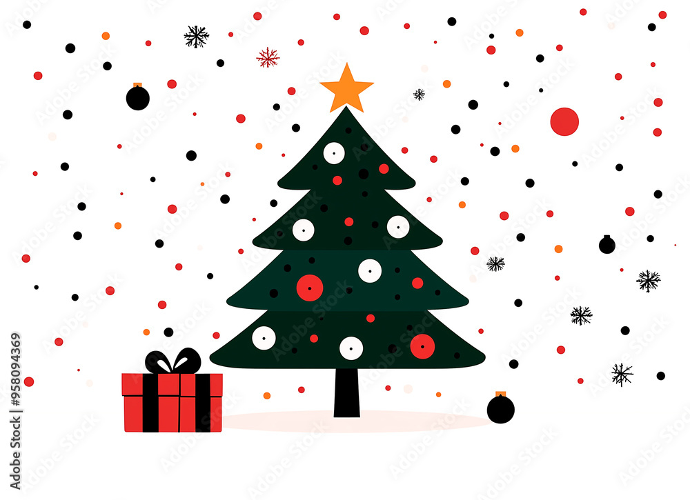 A Christmas tree with a red box on the ground next to it. The tree is surrounded by snow and has a star on top A Christmas tree with a red box on the ground next to it. The tree is surrounded by snow and has a star on top