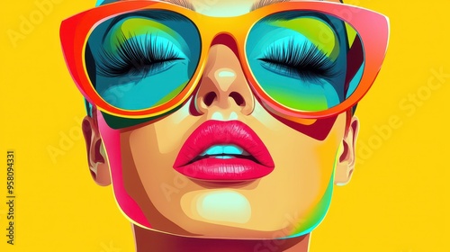 A vibrant portrayal of a young woman in neon shades, showcasing bold facial highlights and striking fashion elements.