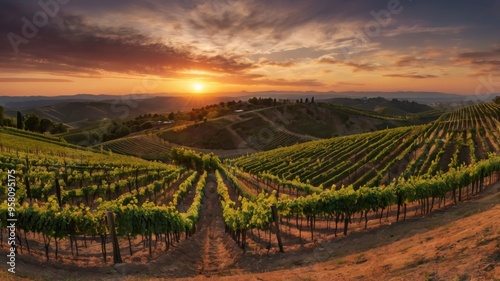 Wallpaper Mural Sunset over vineyard on hill, wide-angle panorama  Torontodigital.ca