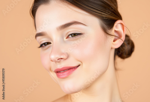 Beautiful portrait of a young woman with a gentle smile on a peach background, showcasing natural beauty and elegance.