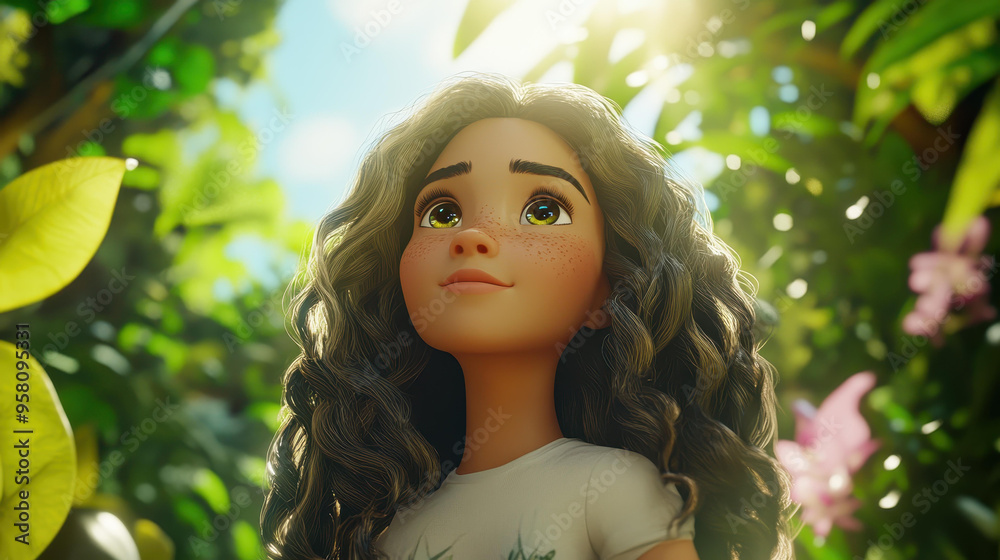 Φωτογραφία A captivating wide shot of a lightskinned girl with wavy dark blonde hair, wideeyed in wonder as she enters a vibrant jungle