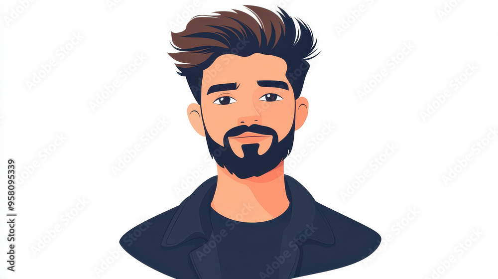 A modern portrait of a male figure, showcasing brown hair and a stylish beard in a trendy flat design. A modern portrait of a male figure, showcasing brown hair and a stylish beard in a trendy flat design.