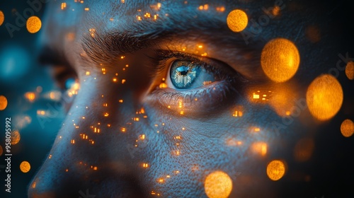 Close-up of a businessman face overlaid with a city at night, symbolizing the fusion of personal vision and metropolitan success