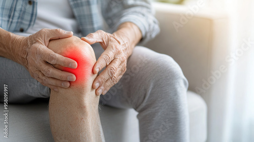 A old man sitting on the sofa with red pain in her knee, holding it and looking at it. The background is a light gray or white living room