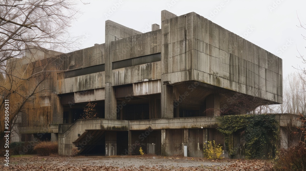 Brutalist Concrete Structure with Geometric Facade and Overgrown Decay Brutalist Concrete Structure with Geometric Facade and Overgrown Decay