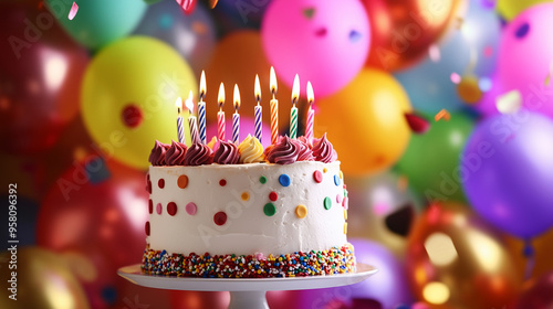 Tło przedstawia żywe balony w różnych kolorach oraz tort urodzinowy z zapalonymi świeczkami. Doskonałe do dekoracji na przyjęcia urodzinowe, wprowadzające zabawny i świąteczny nastrój.