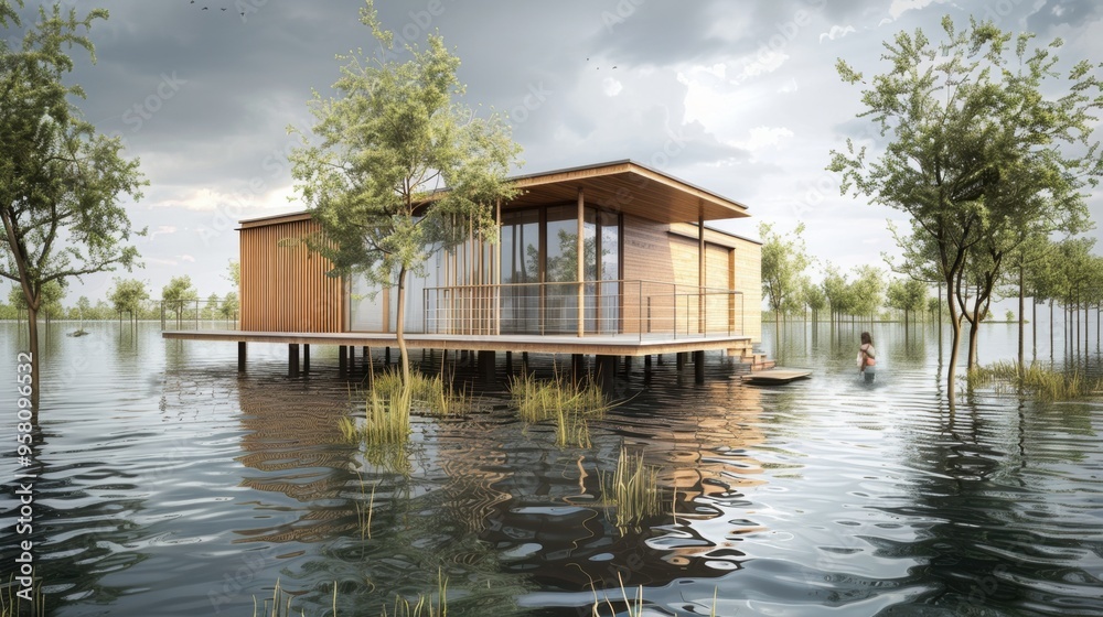 Floating Wooden Eco Friendly Home on Serene Lake Surrounded by Nature Scenery Floating Wooden Eco Friendly Home on Serene Lake Surrounded by Nature Scenery