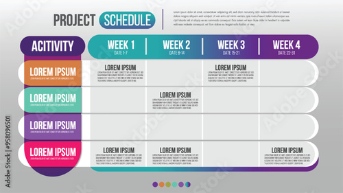 Project schedule activity event chart daily and weekly timetable infographic design template.Overview planning timeline business vector illustration.