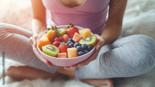 Fit woman holding a colorful bowl of fresh fruit, including berries, kiwi, and oranges, after a workout. A vibrant, health-conscious image promoting fitness and a balanced diet with fresh, nutrient-pa