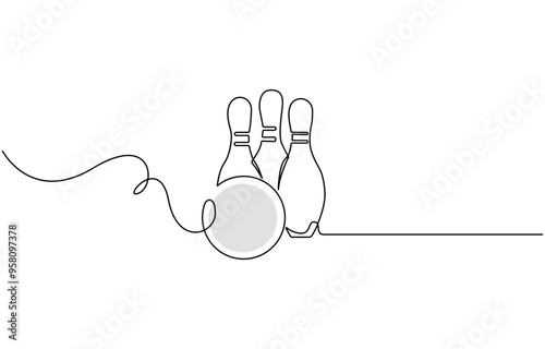 Single one line drawing bowling ball and pins. Sports equipment. Bowling sport game. Ball crashing pins. Strike bowling leisure concept. Modern continuous line draw design graphic vector illustration