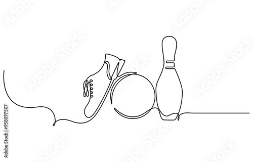 Single one line drawing bowling ball and pins. Sports equipment. Bowling sport game. Ball crashing pins. Strike bowling leisure concept. Modern continuous line draw design graphic vector illustration