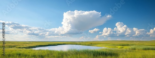  A expansive field with a body of water in the foreground and a sizable cloud in the sky above
