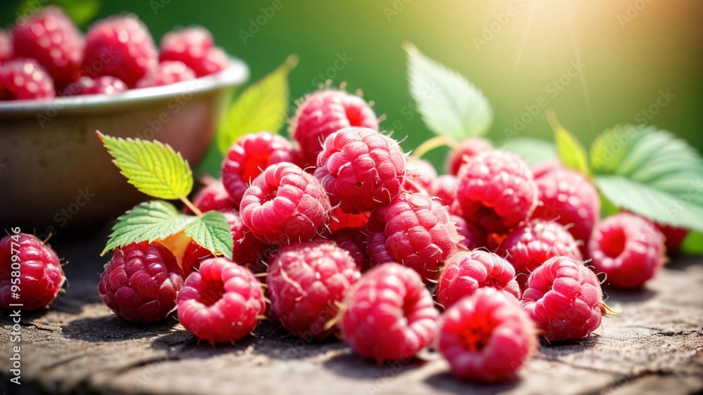 Close-up of fresh, ripe raspberries on wooden surface, bathed in warm sunlight. Close-up of fresh, ripe raspberries on wooden surface, bathed in warm sunlight.