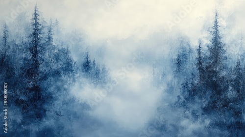 Gentle abstract textures in cool grays and blues, representing the serene beauty of a foggy forest at dawn