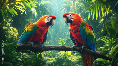 Tropikalny las deszczowy z mnóstwem papug w różnych odcieniach, które swobodnie latają w gęstej roślinności.  © Sawyer0