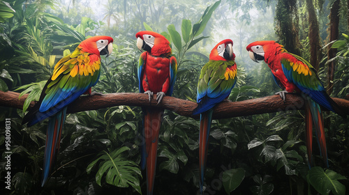 Tropikalny las deszczowy z mnóstwem papug w różnych odcieniach, które swobodnie latają w gęstej roślinności.  © Sawyer0