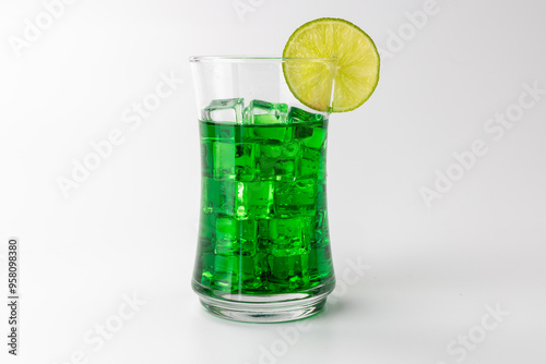 Iced Peppermint Drink with Lemon Garnish on White photo