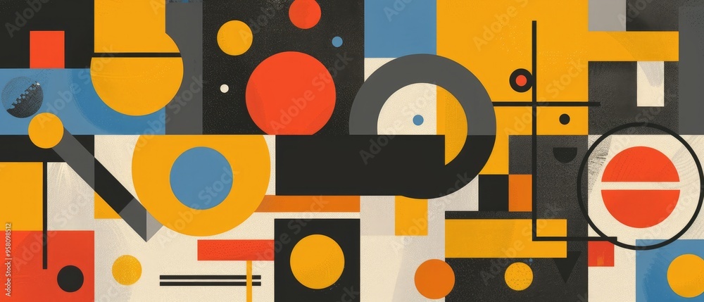 A colorful abstract painting with many shapes and circles A colorful abstract painting with many shapes and circles