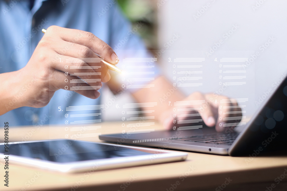 Business performance checklist, businessman doing online checklist survey, online survey, questionnaire, filling out digital form checklist, take an assessment, evaluation, Business performance checklist, businessman doing online checklist survey, online survey, questionnaire, filling out digital form checklist, take an assessment, evaluation,