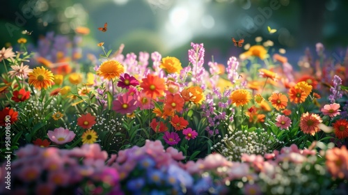 A colorful flower bed in a summer garden with bees and butterflies flitting around. photo