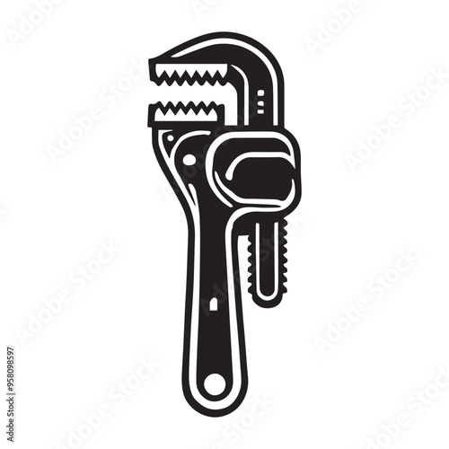 Pipe fitting wrench illustration in black and white - Mechanic Tools Vector 