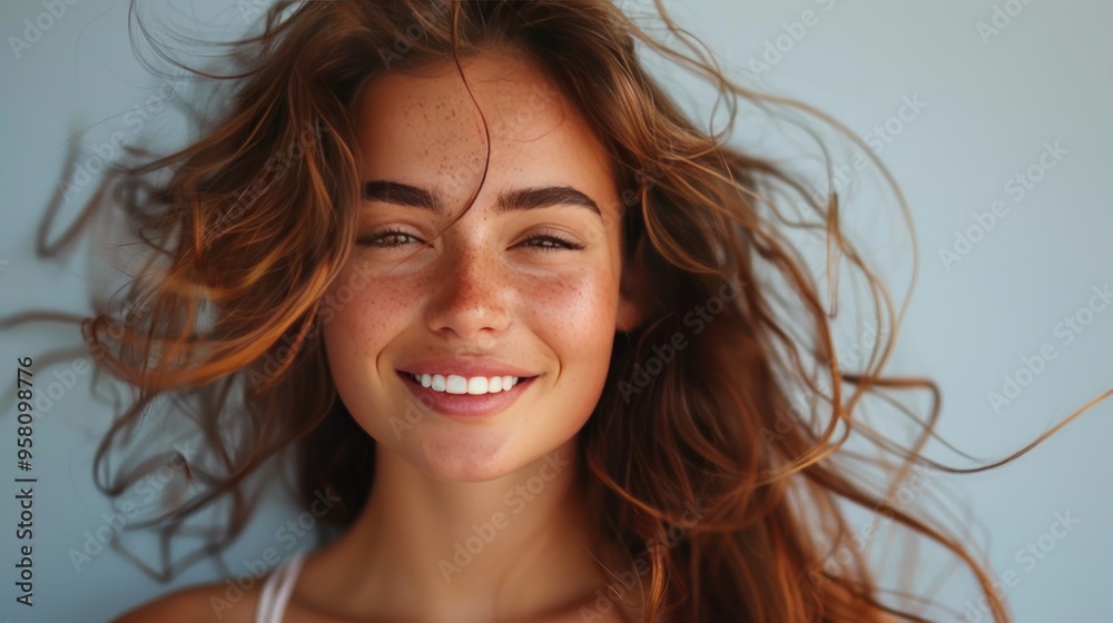 Φωτογραφία A beautiful model woman with glowing skin, twirling a strand of her hair with a playful smile against a soft grey gradient background