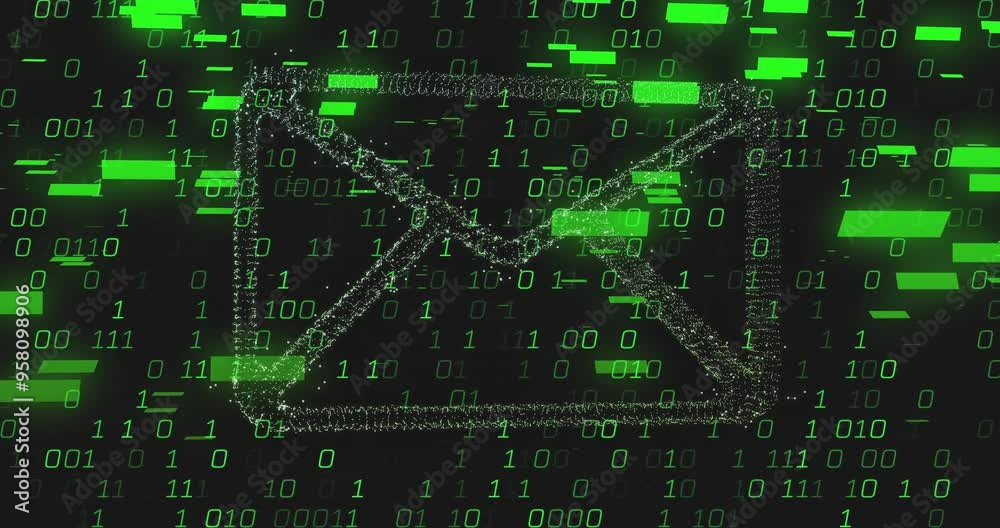Email icon with binary code animation over green digital background Email icon with binary code animation over green digital background