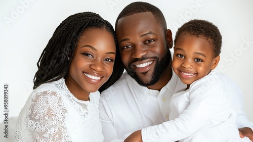 A joyful family portrait capturing love and happiness, featuring a smiling father, mother, and son in matching outfits.