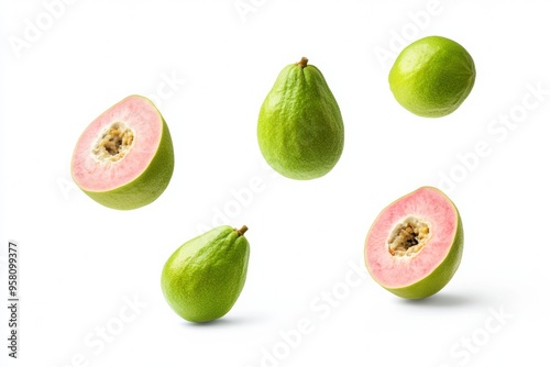 Falling guava fruits on a white background,