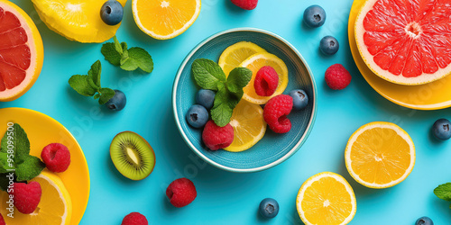 Vibrant citrus and berry composition on bright blue background with fresh mint photo