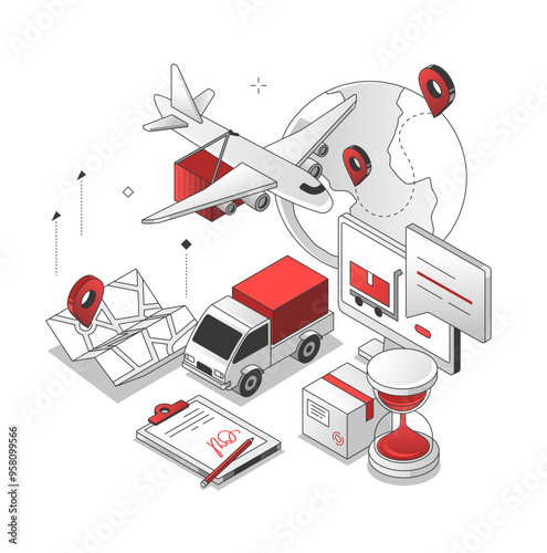 Transport logistics - red and black isometric line illustration