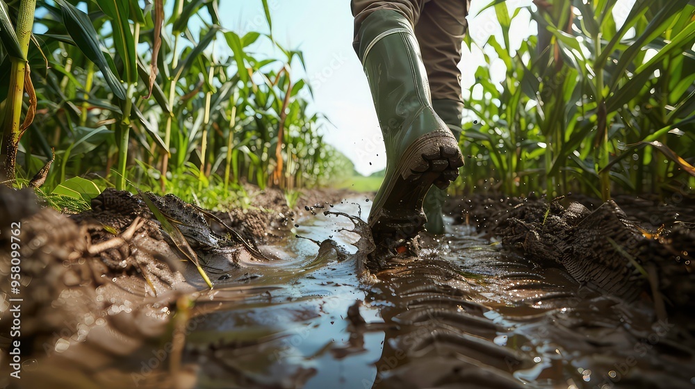 A person wearing green rain boots walks through a muddy cornfield, with the sun shining overhead. A person wearing green rain boots walks through a muddy cornfield, with the sun shining overhead.