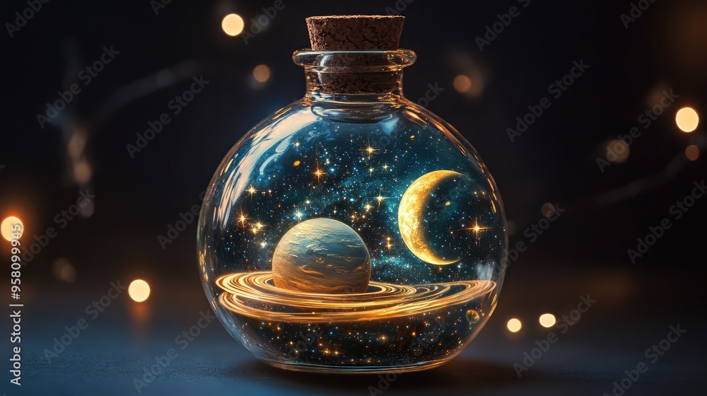A round glass bottle with a cork encloses a miniature cosmos, featuring stars, a crescent moon, and a ringed planet, all in a dark, starry space A round glass bottle with a cork encloses a miniature cosmos, featuring stars, a crescent moon, and a ringed planet, all in a dark, starry space
