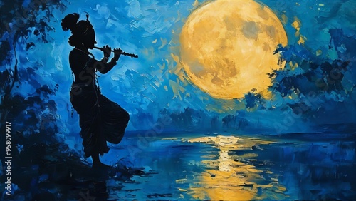 Elegant silhouette of Krishna playing flute under the full moonlight with detailed night sky and serene landscape, new beautiful stock image illustration AI