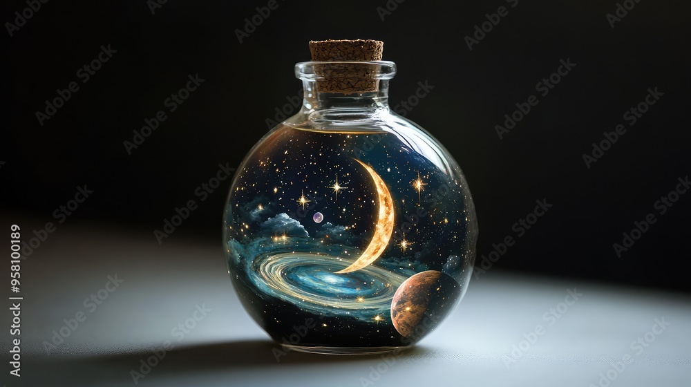 A round glass bottle with a cork, housing a miniature universe inside. Stars twinkle around a crescent moon and a ringed planet, floating in dark space A round glass bottle with a cork, housing a miniature universe inside. Stars twinkle around a crescent moon and a ringed planet, floating in dark space