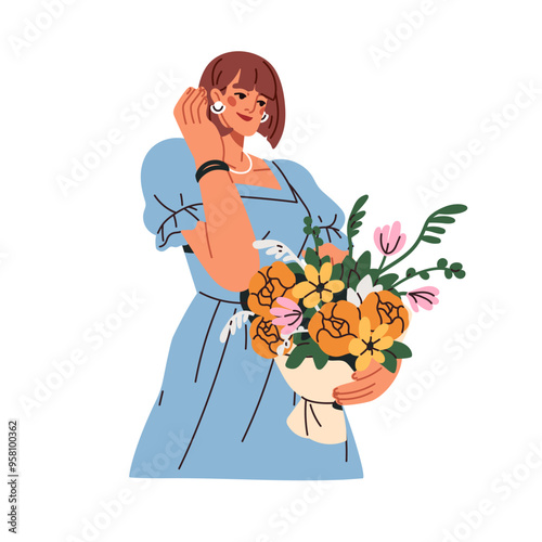 Happy young woman holding delicate flower bouquet in hands. Shy smiling girl ...
