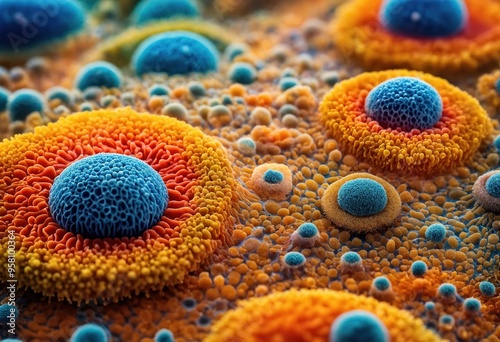 Colorful microorganism cells close up. illustration in high details for medical education and science. ai generative