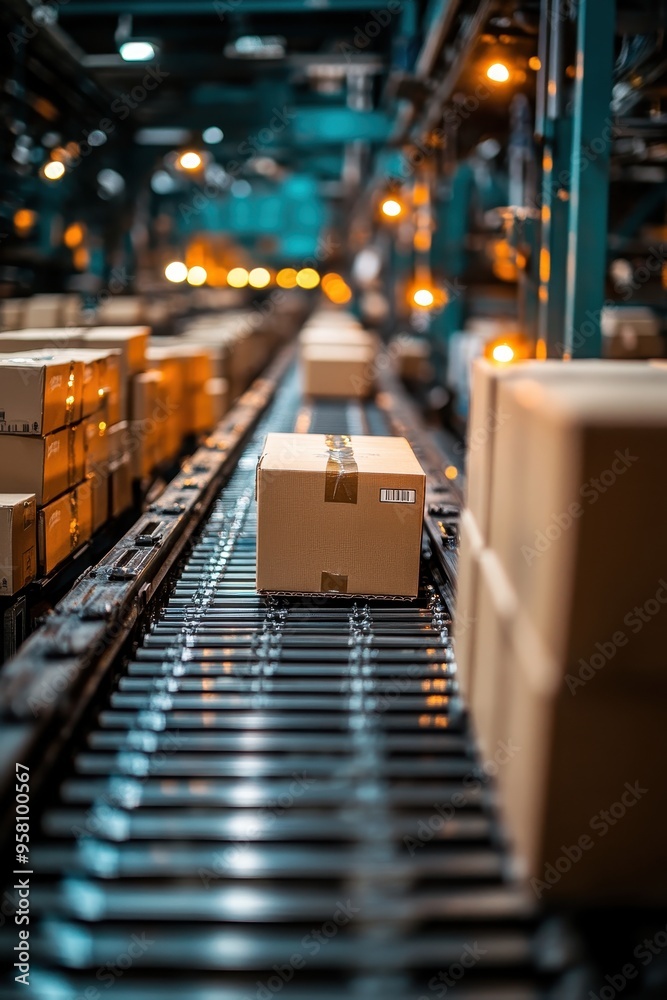Automated Conveyor Belt System in a Modern Warehouse with Cardboard Boxes and Industrial Lighting Automated Conveyor Belt System in a Modern Warehouse with Cardboard Boxes and Industrial Lighting