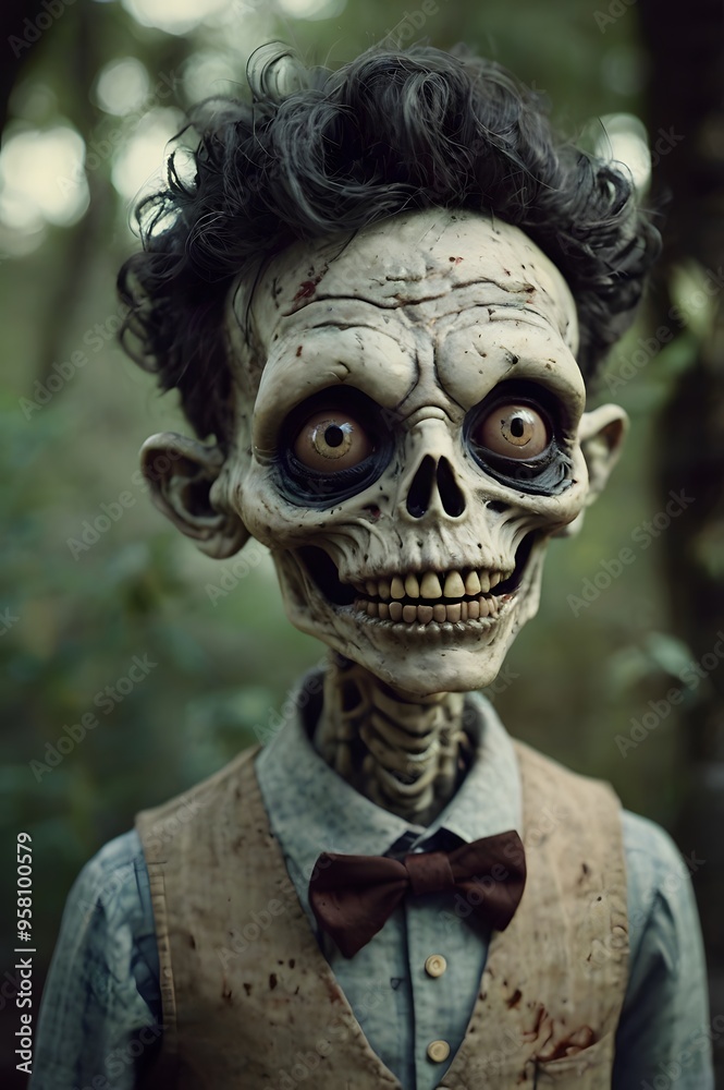 A scary walking dead zombie stands in wild with hungry.