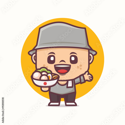Cute cartoon mascot with indonesian food bakso